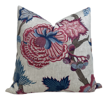Load image into Gallery viewer, Indienne Jacobean Pillow Cover in Raspberry and Blue, Thibaut Pillows